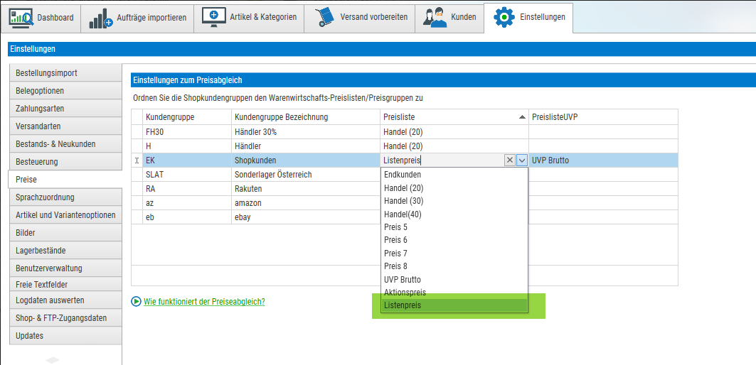 selectline listenpreis als shopware kundengruppe